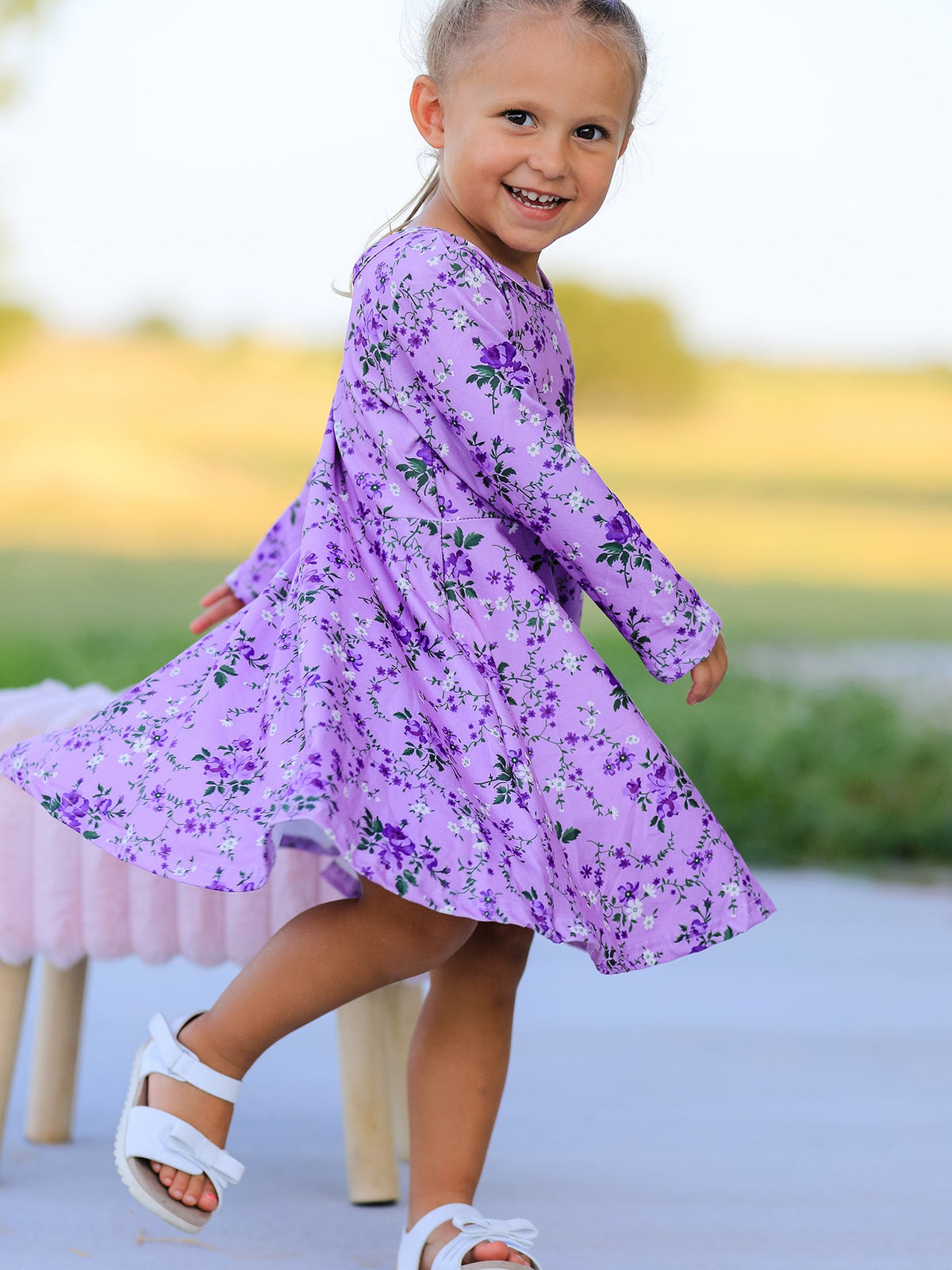 Rylee Faith Designs - Fall Lavender Floral Print Girls Long Sleeve Twirl Dress - alternate view 4