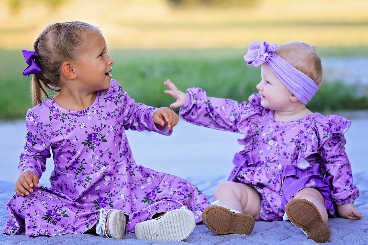 Rylee Faith Designs - Fall Lavender Floral Print Girls Long Sleeve Twirl Dress - alternate view 6