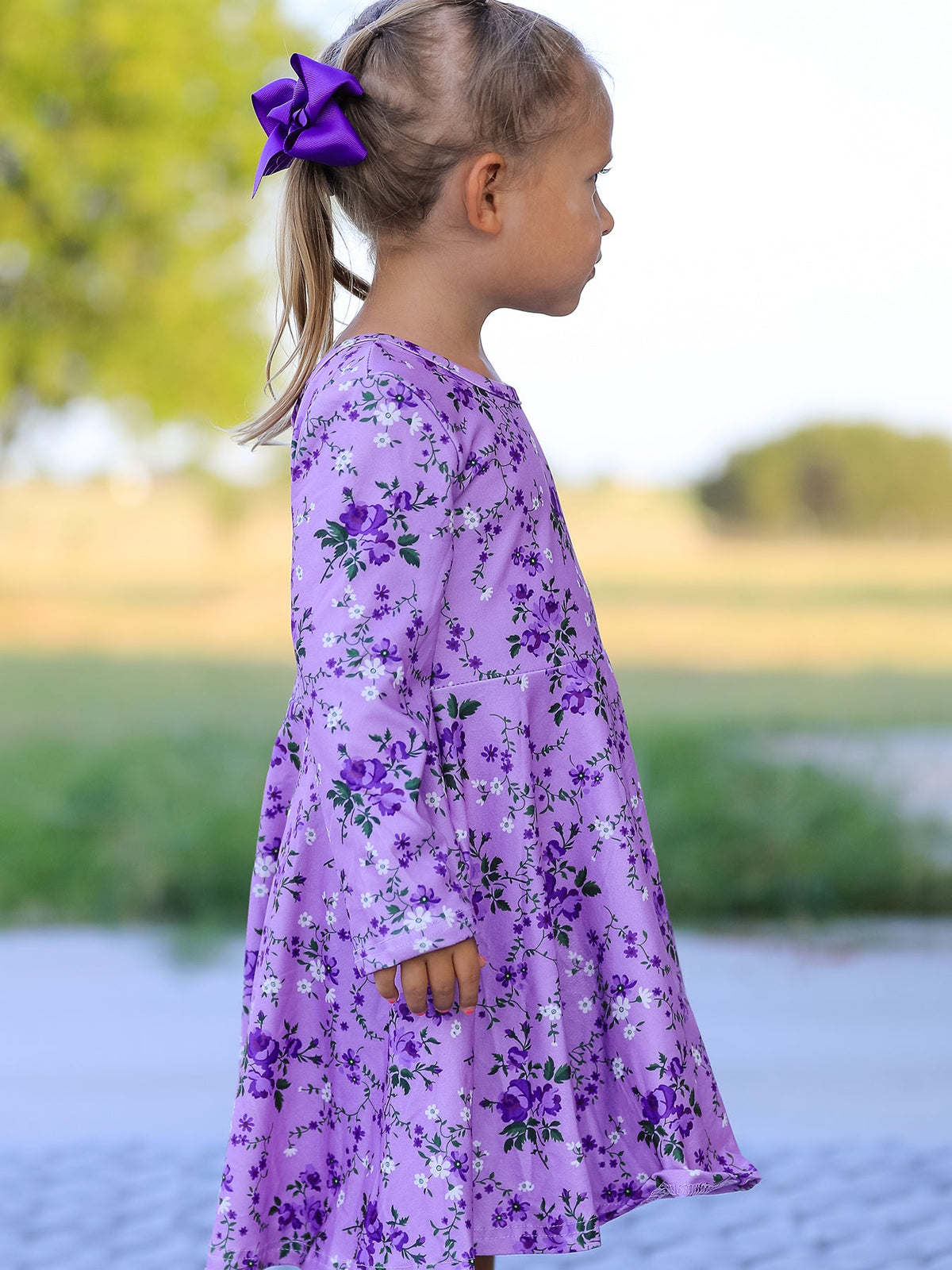 Rylee Faith Designs - Fall Lavender Floral Print Girls Long Sleeve Twirl Dress - alternate view 5