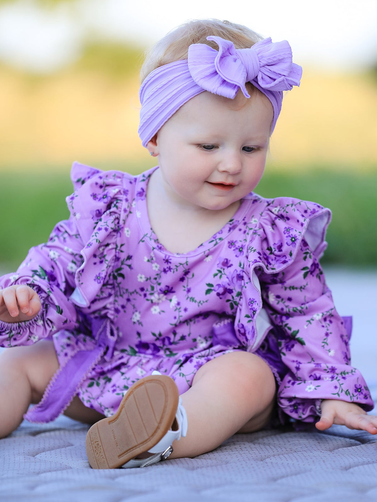 Rylee Faith Designs - Fall Lavender Floral Print Girls Long Sleeve Romper