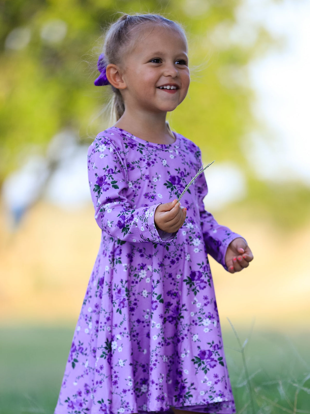 Rylee Faith Designs - Fall Lavender Floral Print Girls Long Sleeve Twirl Dress - alternate view 3