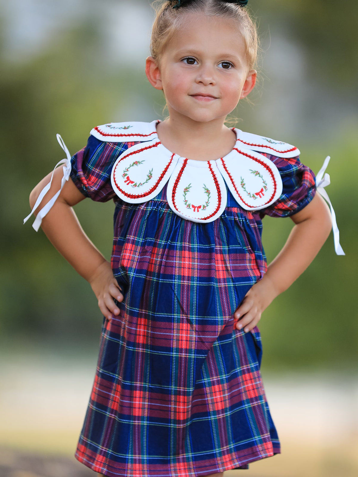 Rylee Faith Designs - Navy Red Christmas Plaid Wreath Embroidered Girl Dress