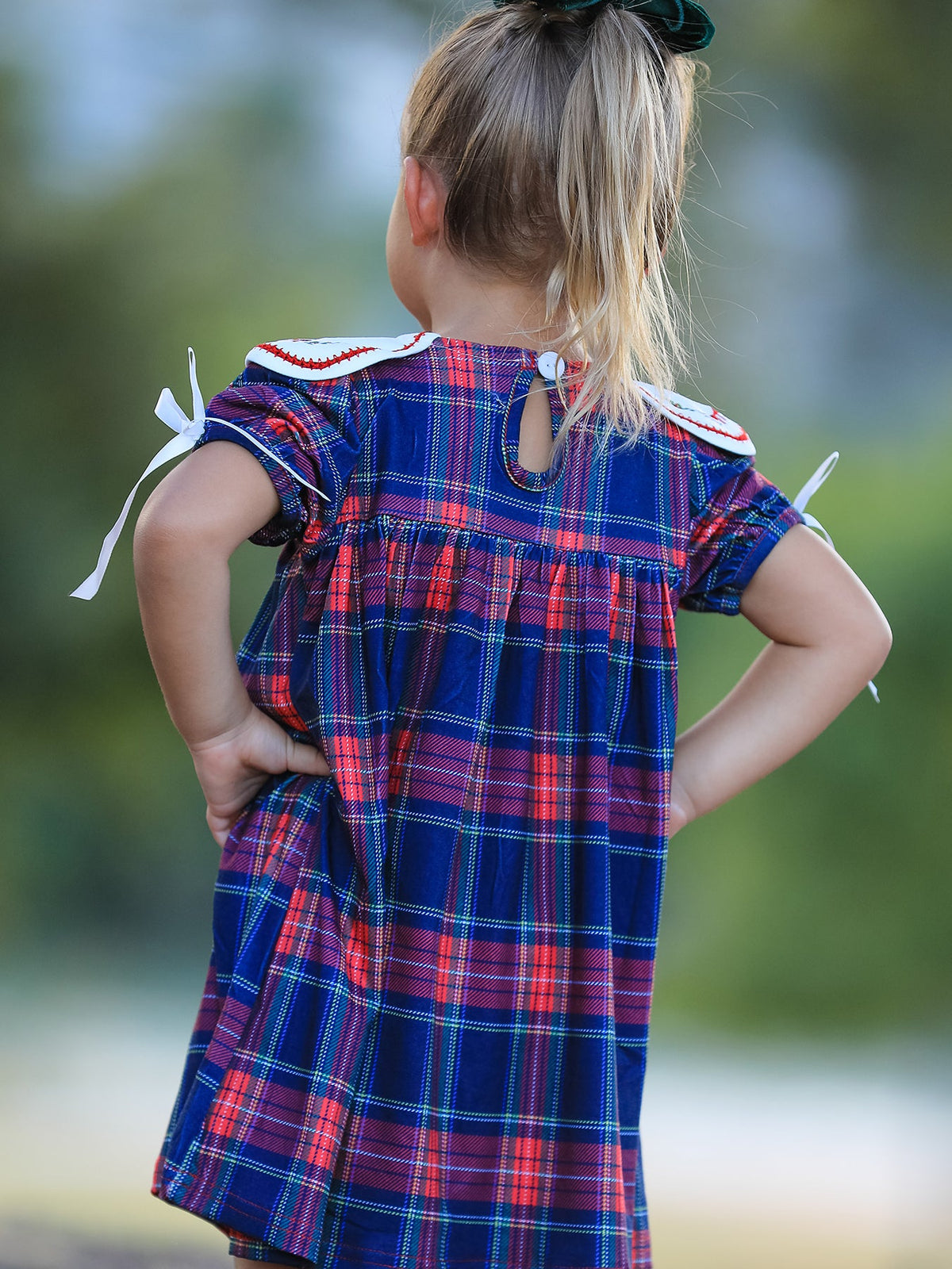 Rylee Faith Designs - Navy Red Christmas Plaid Wreath Embroidered Girl Dress - alternate view 5
