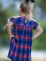 Rylee Faith Designs - Navy Red Christmas Plaid Wreath Embroidered Girl Dress - alternate view 5