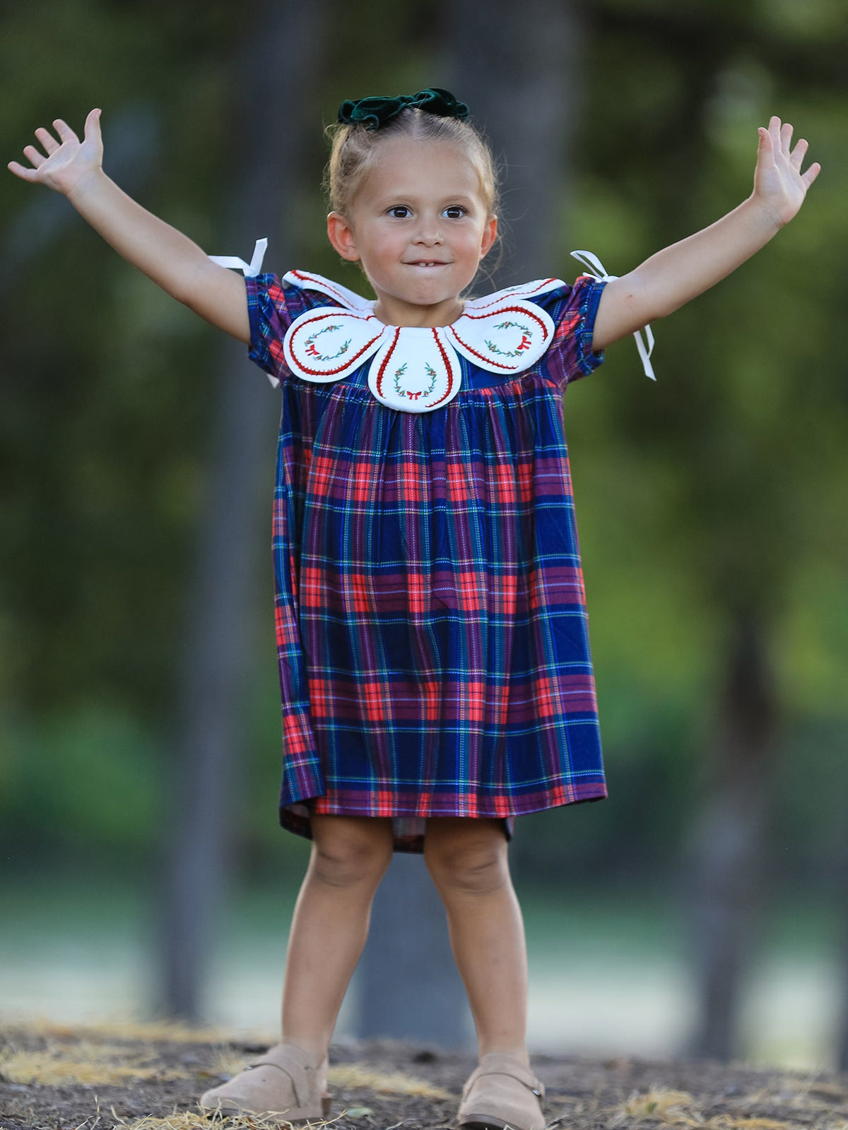 Rylee Faith Designs - Navy Red Christmas Plaid Wreath Embroidered Girl Dress - alternate view 4