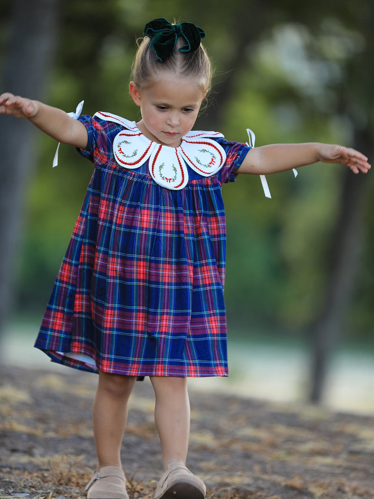Rylee Faith Designs - Navy Red Christmas Plaid Wreath Embroidered Girl Dress - alternate view 3