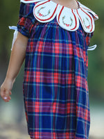 Rylee Faith Designs - Navy Red Christmas Plaid Wreath Embroidered Girl Dress - alternate view 2