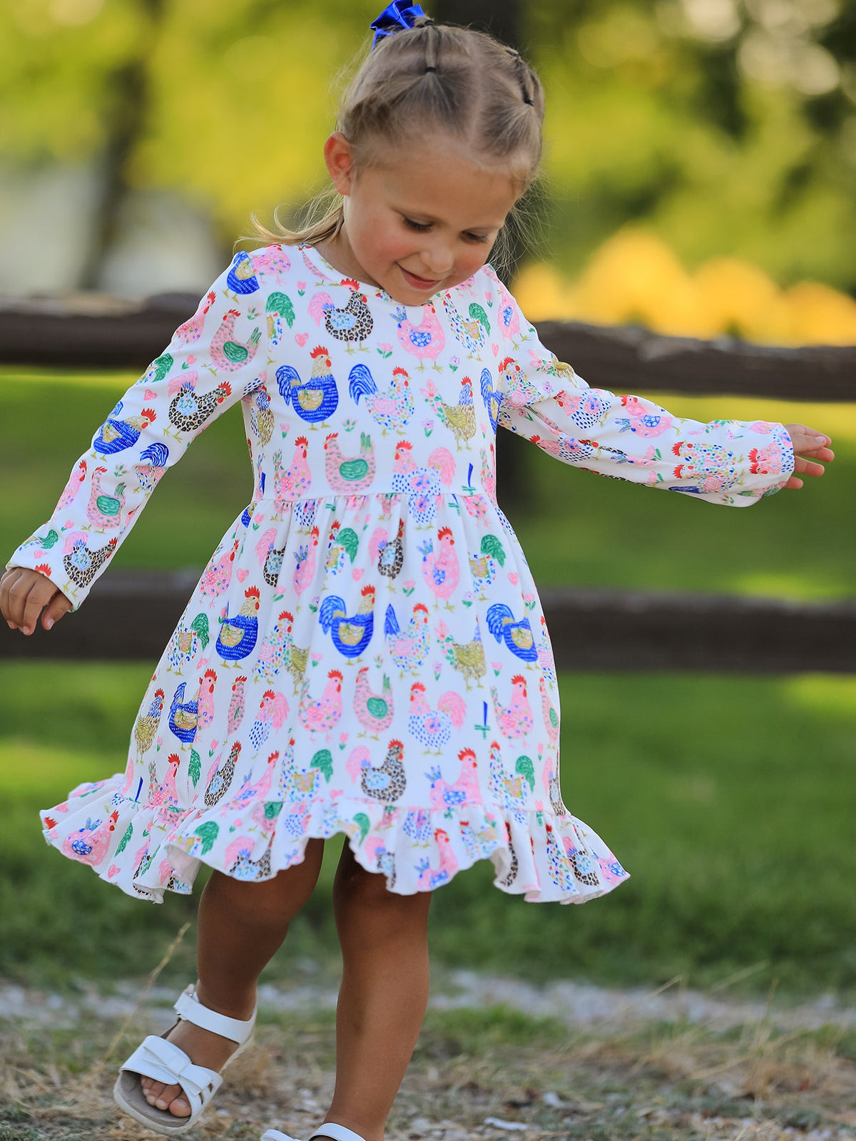 Rylee Faith Designs - Fall Farm Chicken Print Girls Ruffle Hem Twirl Dress
