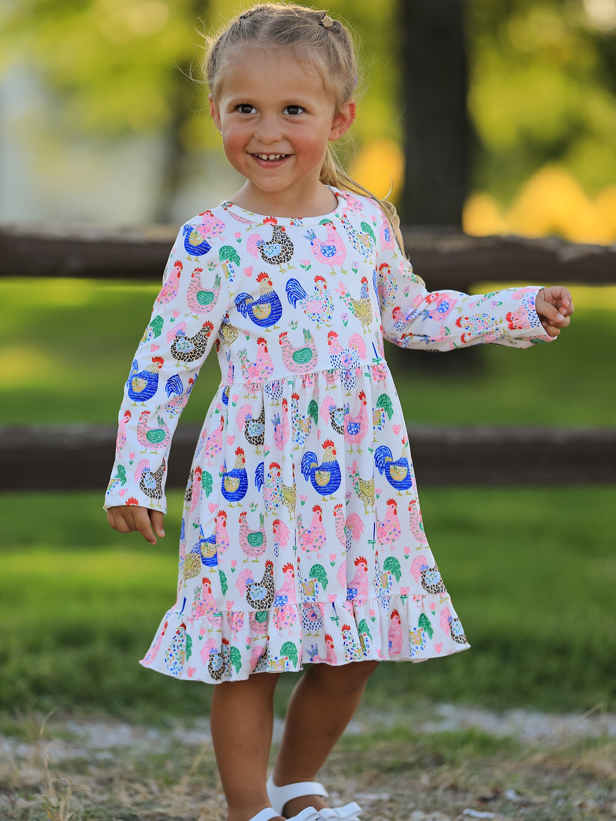 Rylee Faith Designs - Fall Farm Chicken Print Girls Ruffle Hem Twirl Dress - alternate view 4