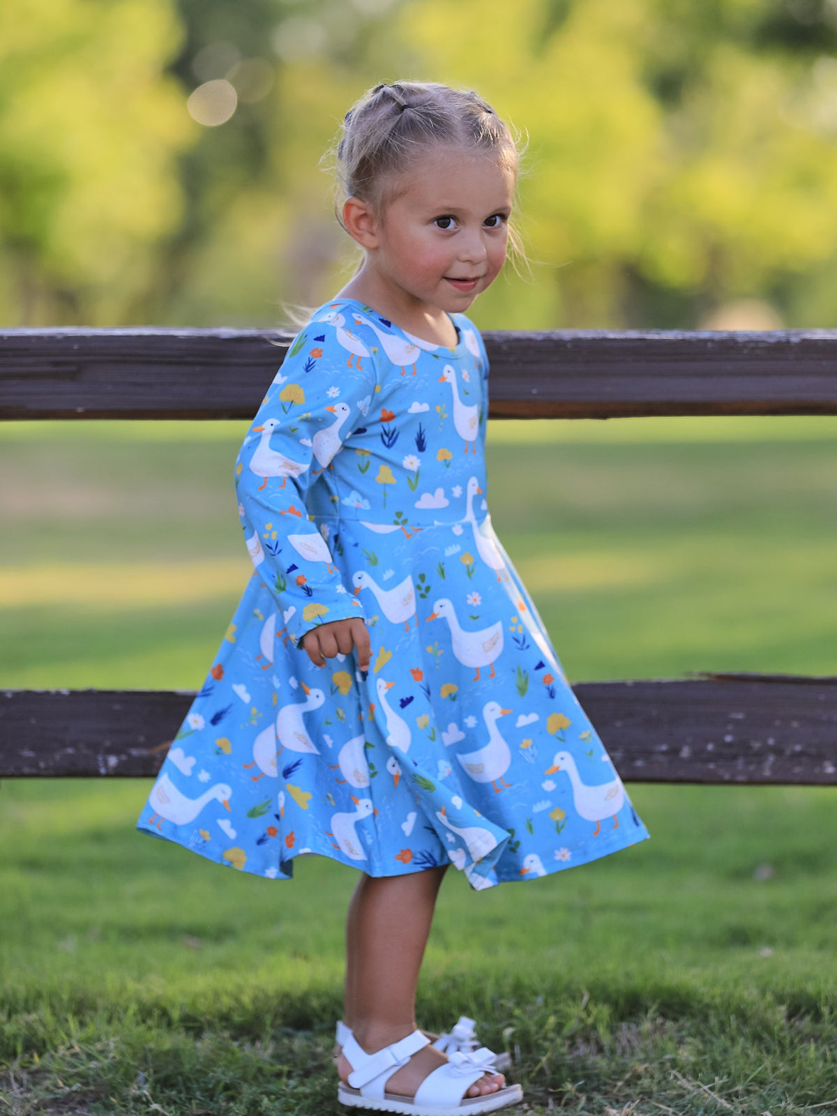 Rylee Faith Designs - Fall Goose Print Girls Long Sleeve Twirl Dress - alternate view 3