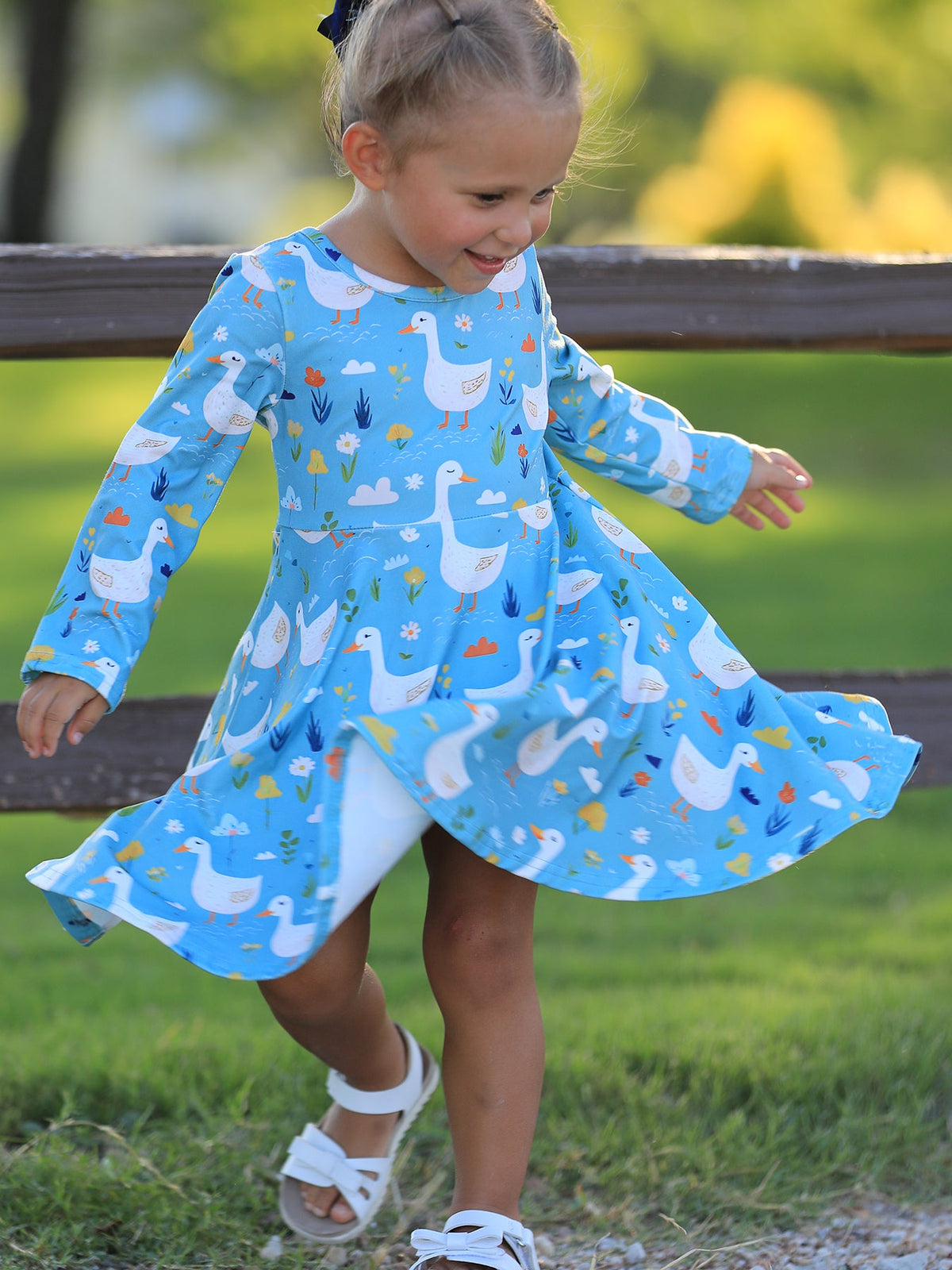 Rylee Faith Designs - Fall Goose Print Girls Long Sleeve Twirl Dress