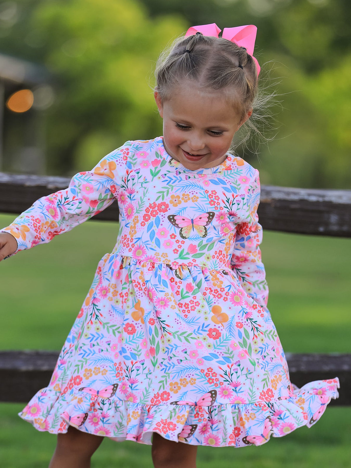 Rylee Faith Designs - Fall Butterfly Floral Print Girls Ruffle Hem Twirl Dress