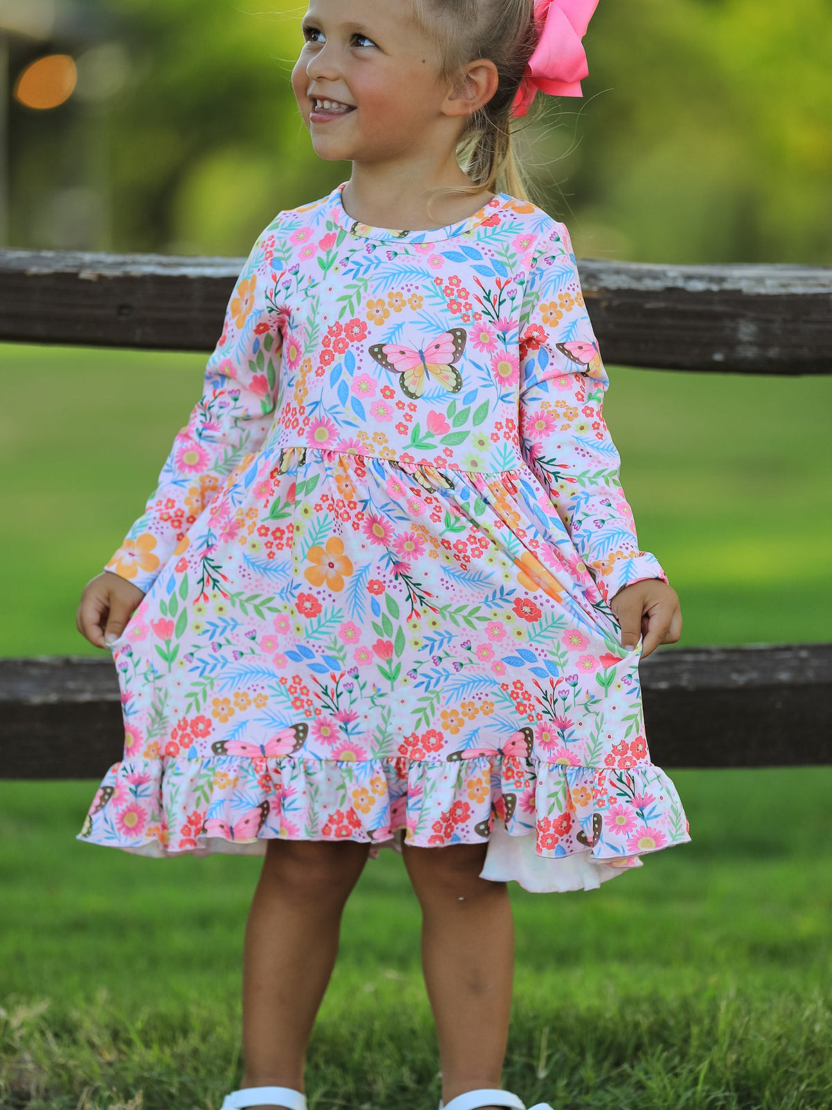 Rylee Faith Designs - Fall Butterfly Floral Print Girls Ruffle Hem Twirl Dress - alternate view 2