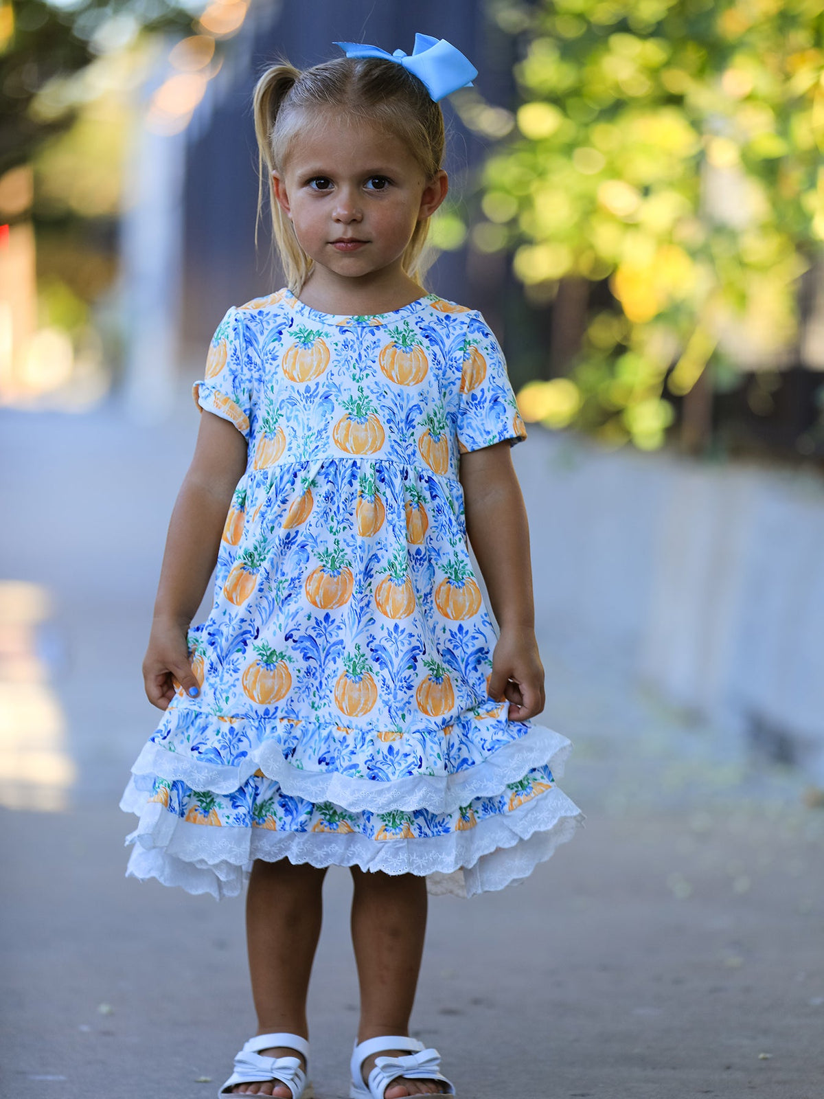 Rylee Faith Designs - Fall Girls Pumpkin Patch Dress Lace Trim with Pockets - alternate view 3