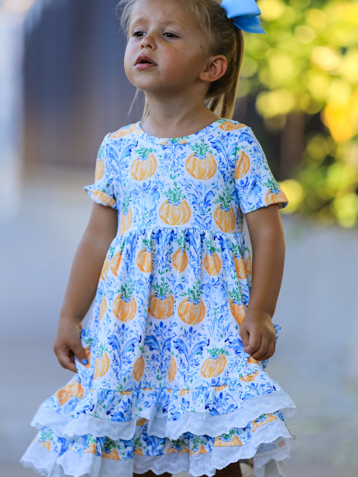 Rylee Faith Designs - Fall Girls Pumpkin Patch Dress Lace Trim with Pockets