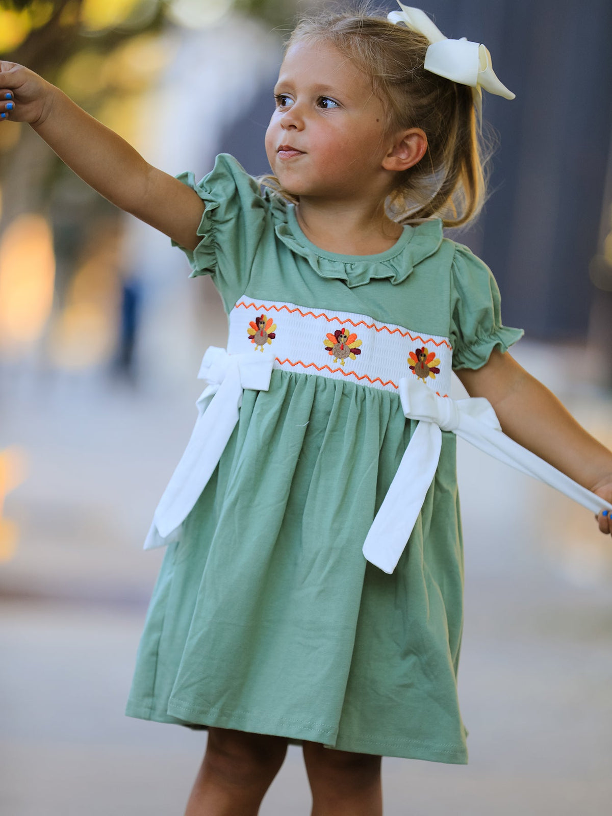 Rylee Faith Designs - Fall Thanksgiving Chicken Smock Embroidered Green Baby Girl Dress - alternate view 4