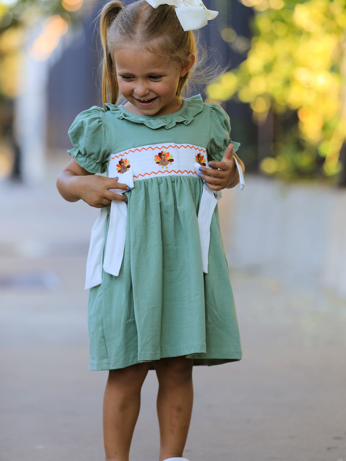 Rylee Faith Designs - Fall Thanksgiving Chicken Smock Embroidered Green Baby Girl Dress - alternate view 6