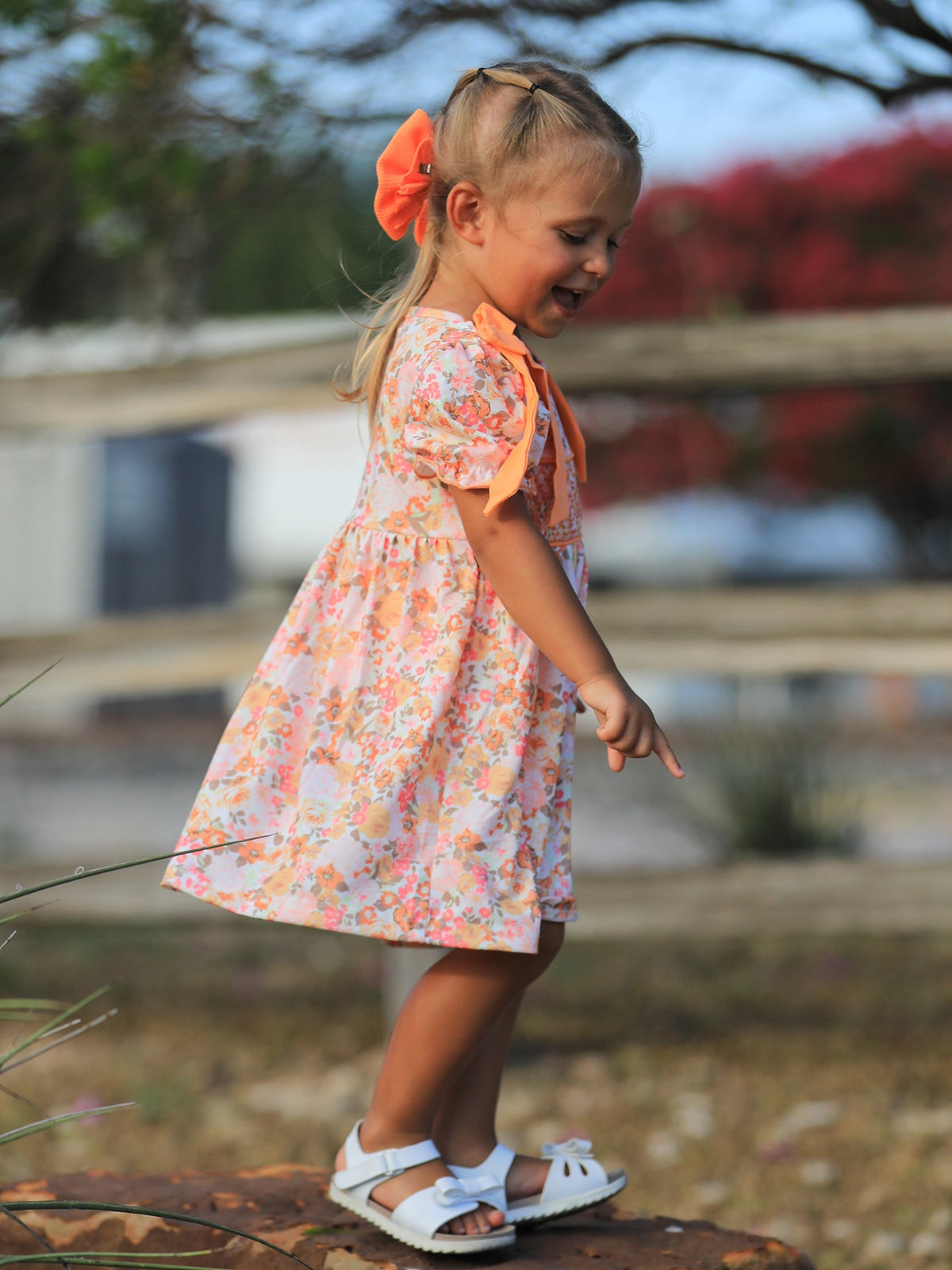 Rylee Faith Designs - Peach Bow Smocked Floral Girl Dress - alternate view 5