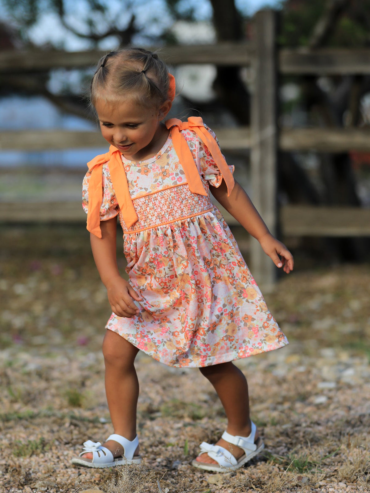 Rylee Faith Designs - Peach Bow Smocked Floral Girl Dress - alternate view 3