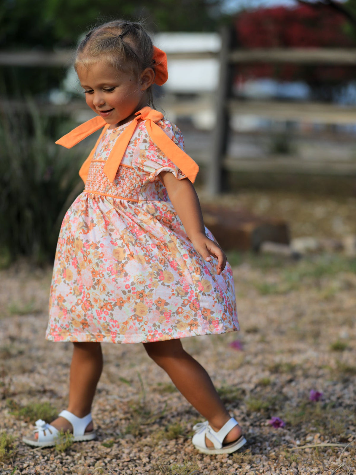 Rylee Faith Designs - Peach Bow Smocked Floral Girl Dress - alternate view 2