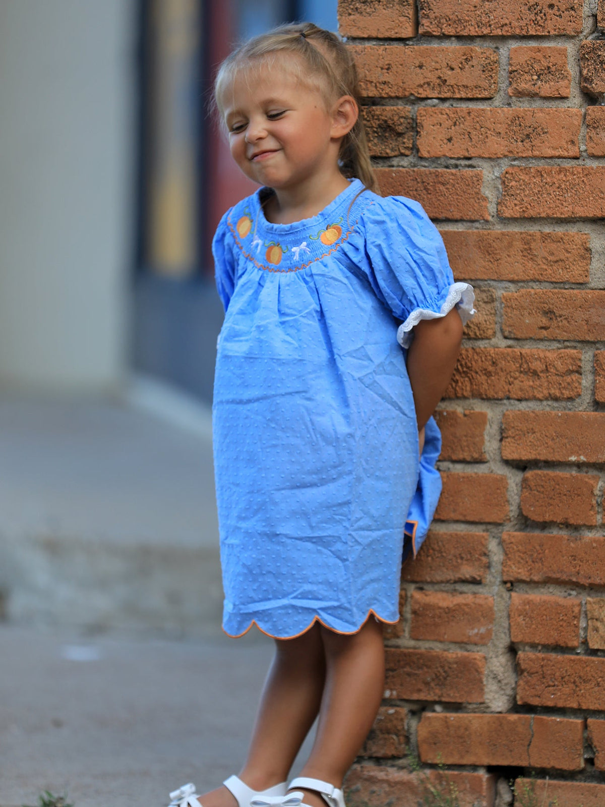 Rylee Faith Designs - Blue Fall Thanksgiving&Halloween Pumpkin Smock Embroidery Lace Baby Girl Dress - alternate view 2