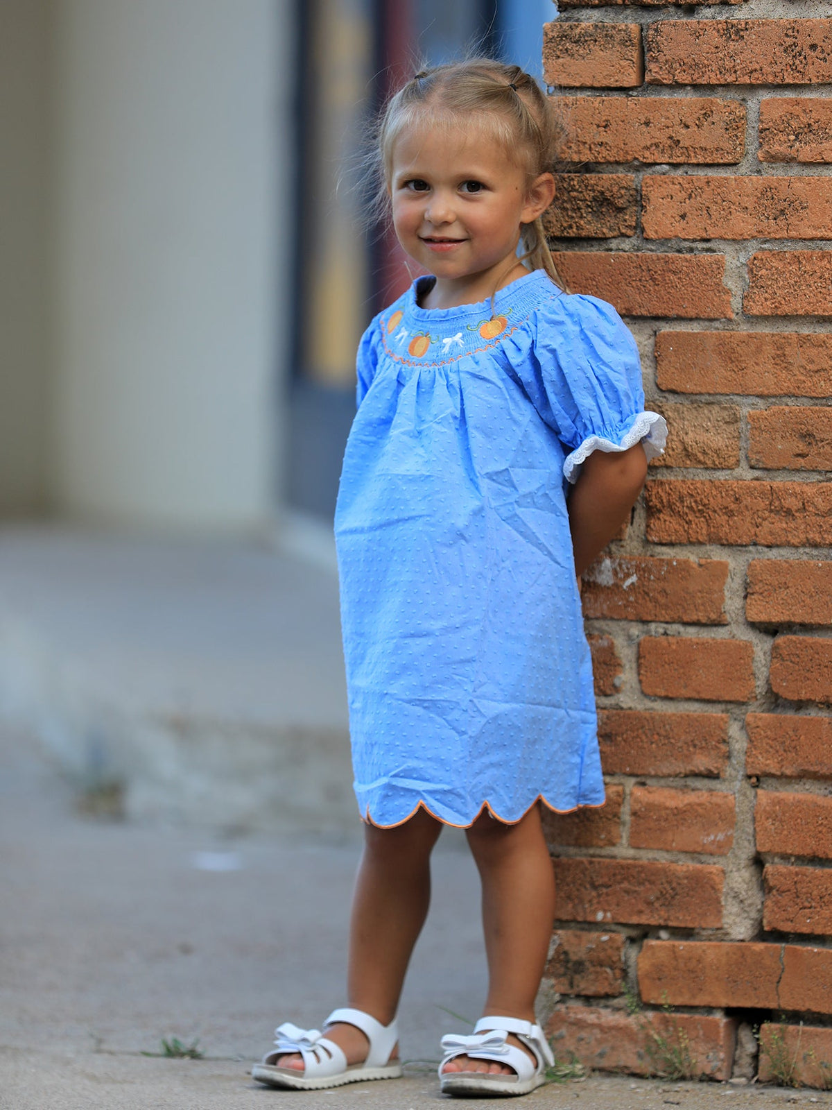 Rylee Faith Designs - Blue Fall Thanksgiving&Halloween Pumpkin Smock Embroidery Lace Baby Girl Dress