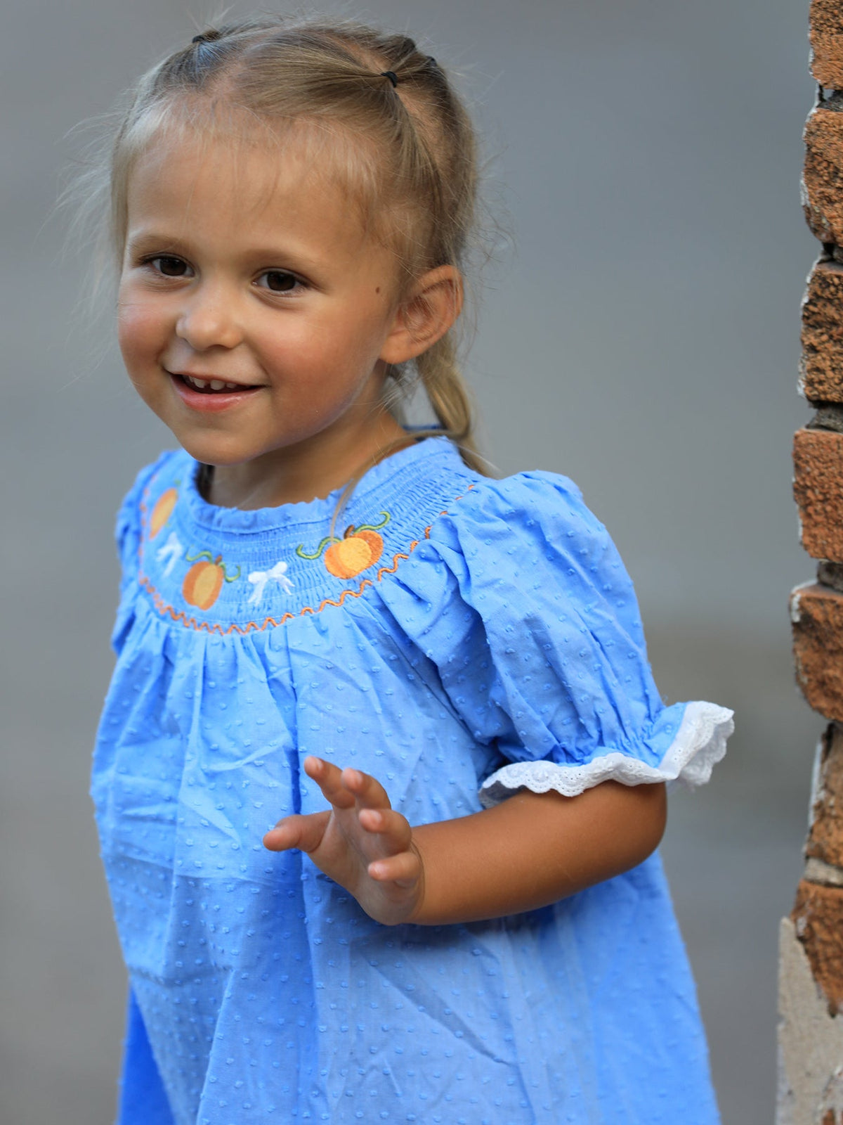 Rylee Faith Designs - Blue Fall Thanksgiving&Halloween Pumpkin Smock Embroidery Lace Baby Girl Dress - alternate view 5