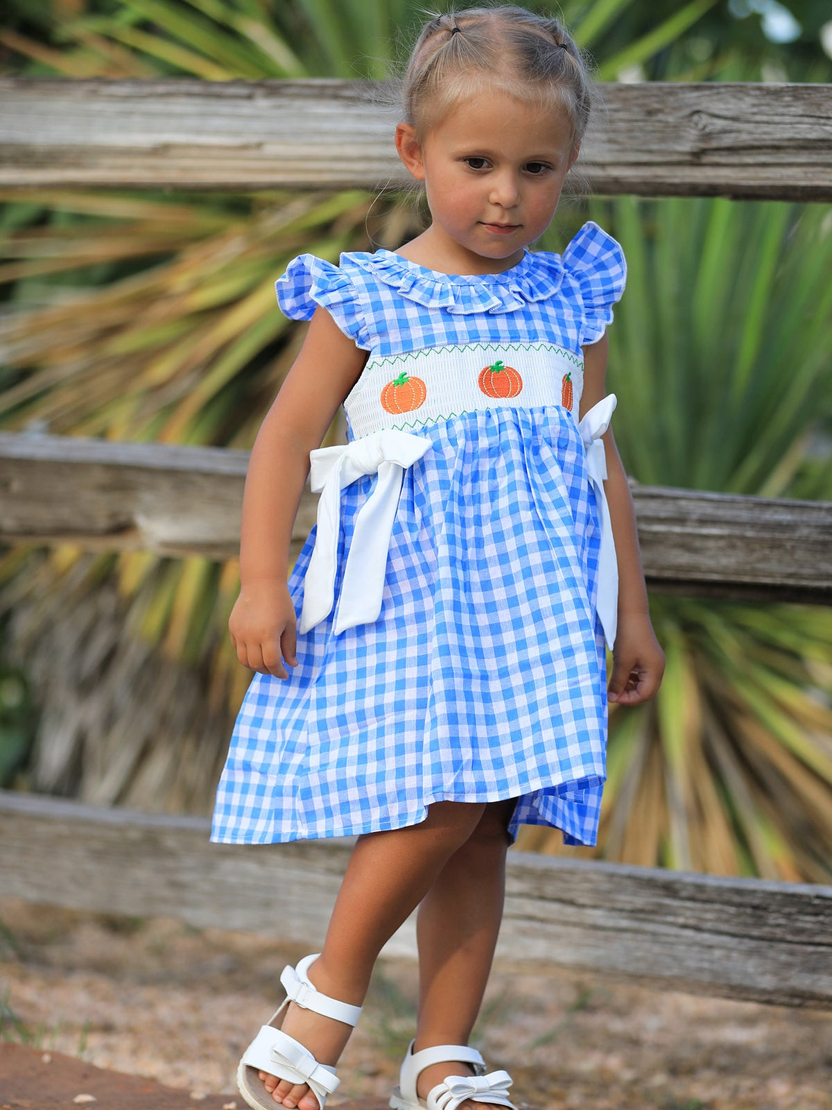 Rylee Faith Designs - Fall Thanksgiving& Halloween Blue Pumpkin Smock Embroidery Baby Girl Dress - alternate view 6