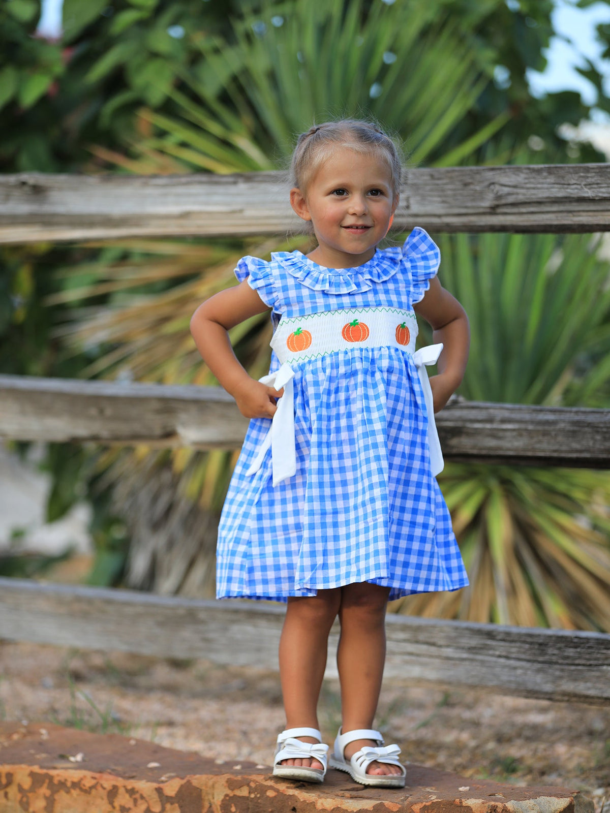 Rylee Faith Designs - Fall Thanksgiving& Halloween Blue Pumpkin Smock Embroidery Baby Girl Dress - alternate view 2