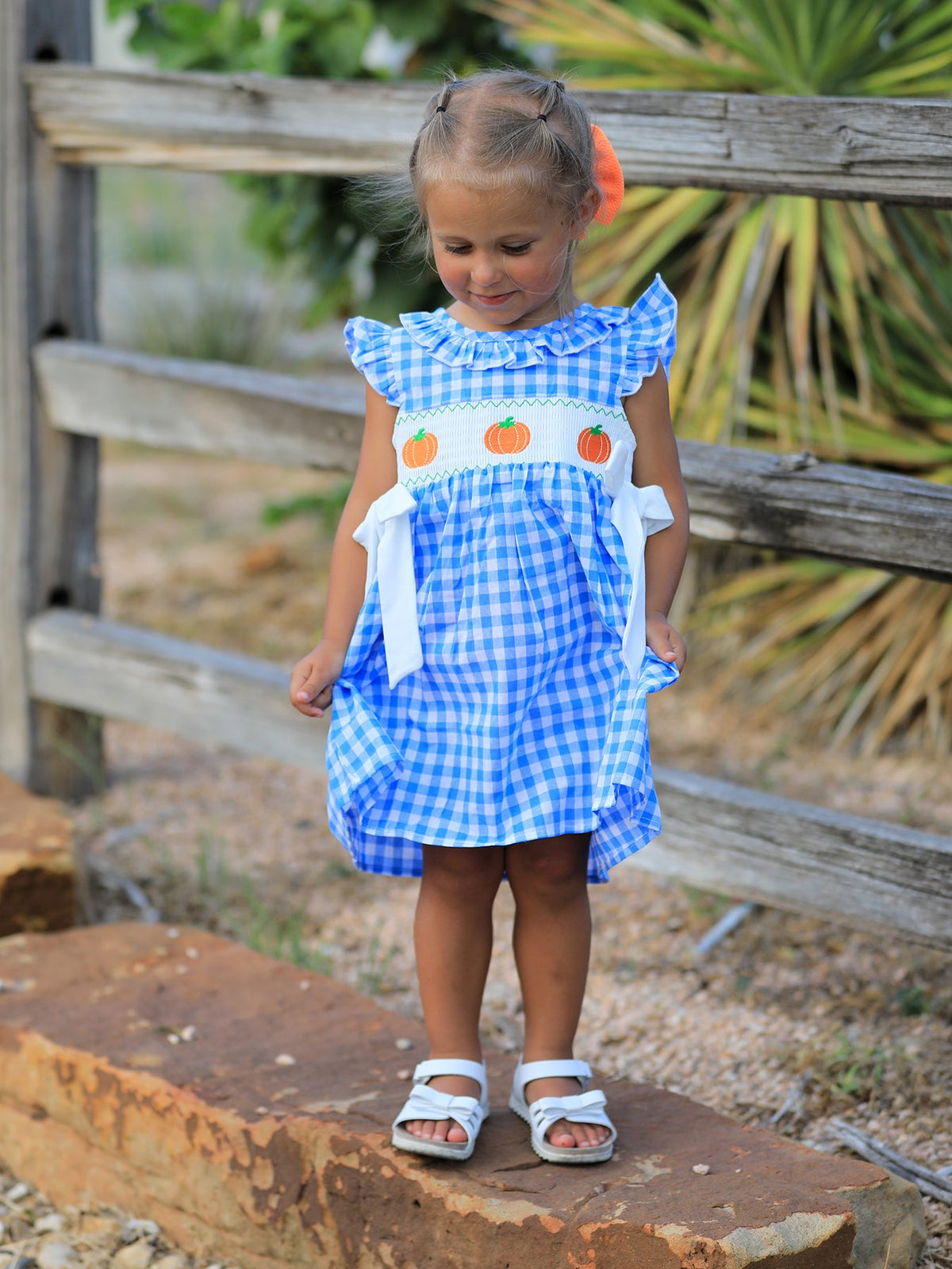 Rylee Faith Designs - Fall Thanksgiving& Halloween Blue Pumpkin Smock Embroidery Baby Girl Dress - alternate view 3