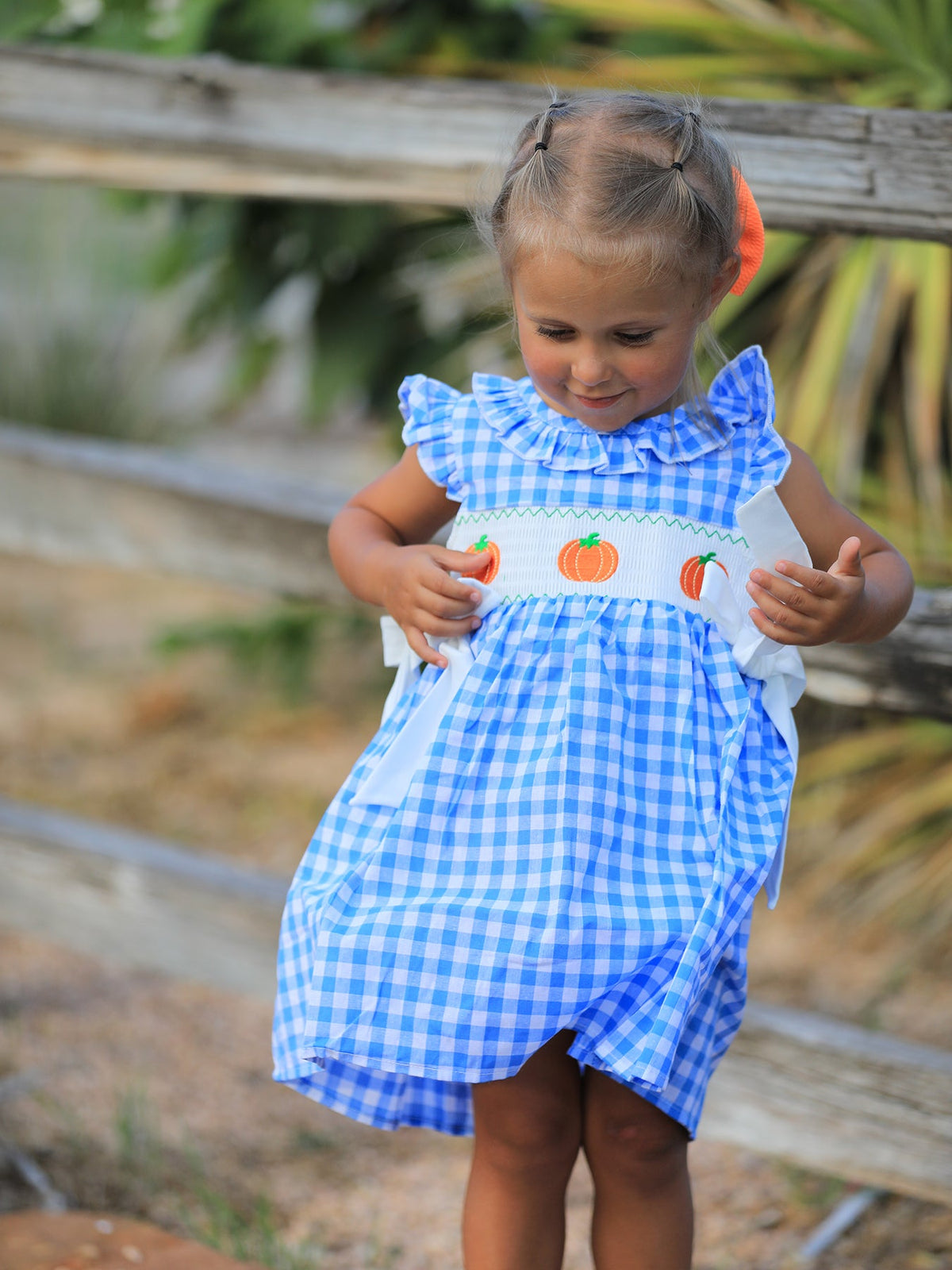 Rylee Faith Designs - Fall Thanksgiving& Halloween Blue Pumpkin Smock Embroidery Baby Girl Dress - alternate view 4