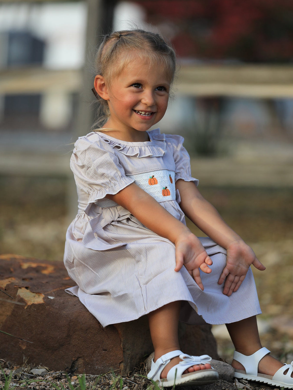 Rylee Faith Designs - Fall Thanksgiving Pumpkin Embroidery Smock Plaid Girls Dress - alternate view 4