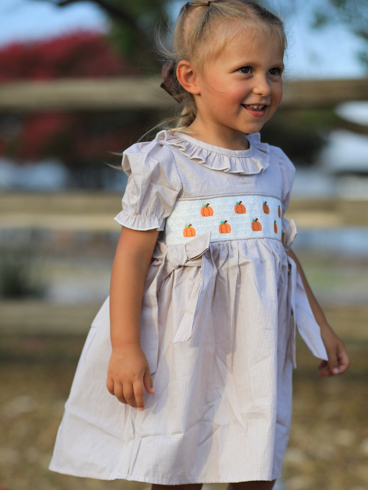 Rylee Faith Designs - Fall Thanksgiving Pumpkin Embroidery Smock Plaid Girls Dress - alternate view 3