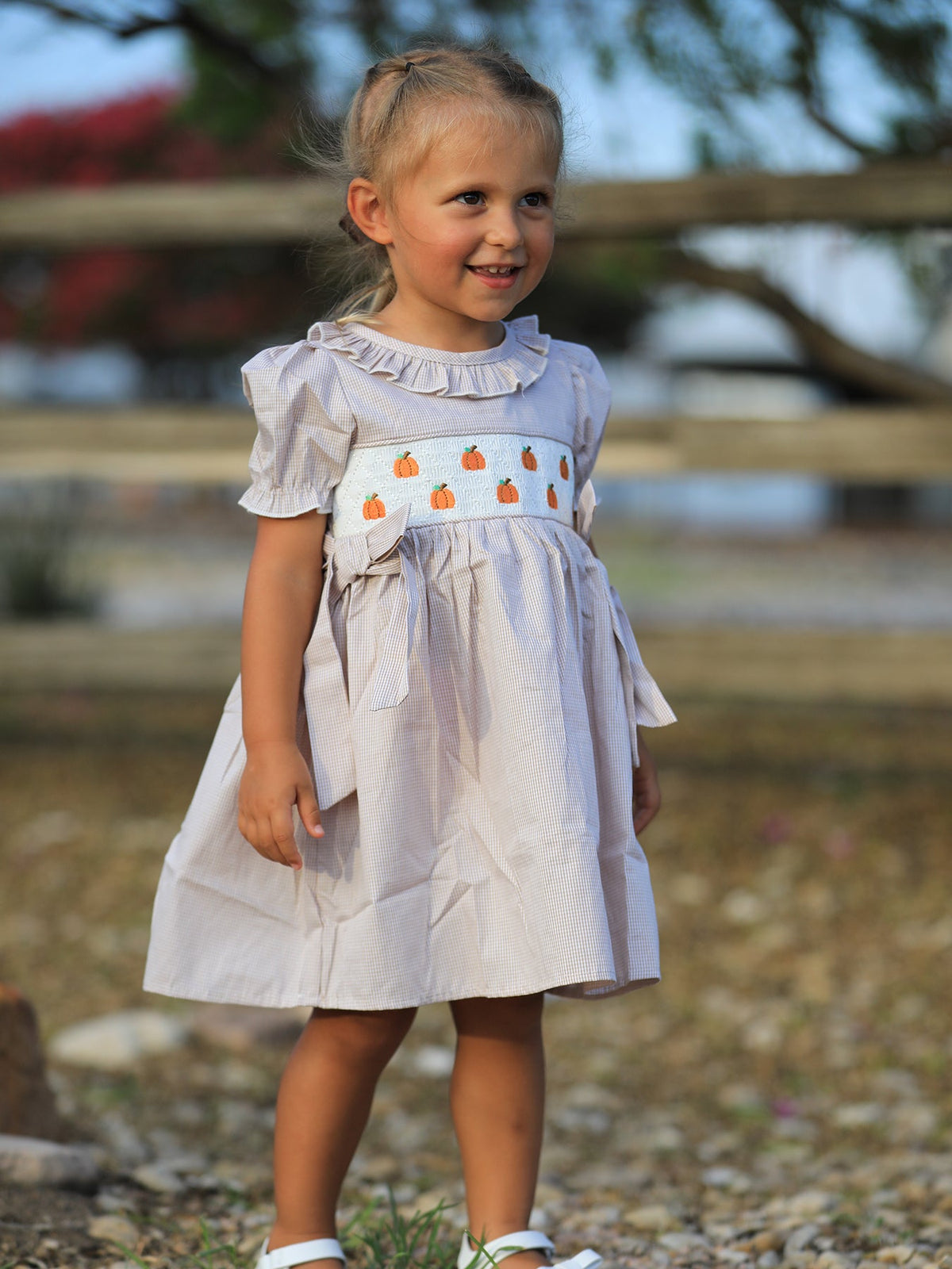 Rylee Faith Designs - Fall Thanksgiving Pumpkin Embroidery Smock Plaid Girls Dress