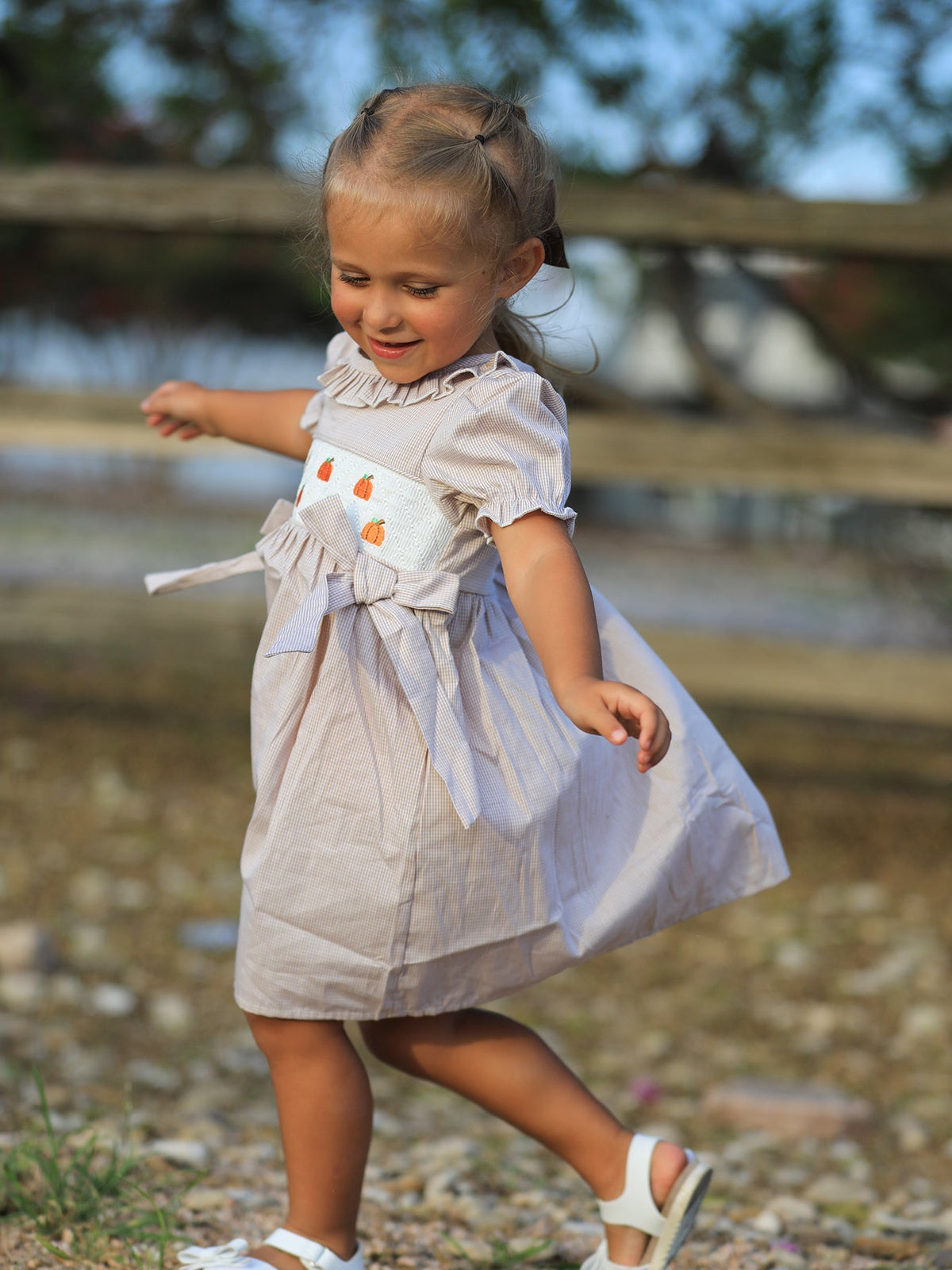 Rylee Faith Designs - Fall Thanksgiving Pumpkin Embroidery Smock Plaid Girls Dress - alternate view 2