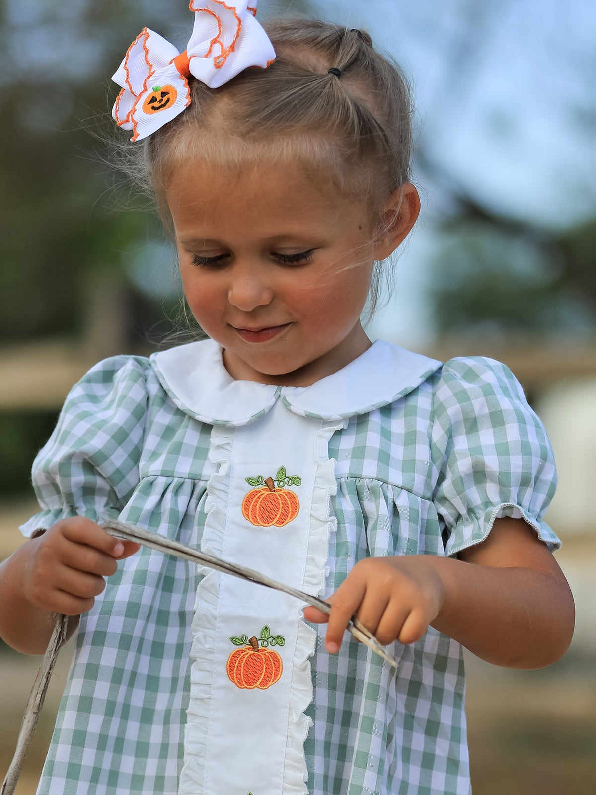 Rylee Faith Designs - Fall Halloween & Thanksgiving Pumpkin Applique Plaid Green Girls Dress - alternate view 2