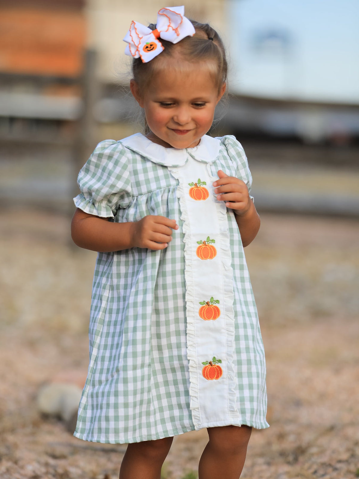 Rylee Faith Designs - Fall Halloween & Thanksgiving Pumpkin Applique Plaid Green Girls Dress - alternate view 5