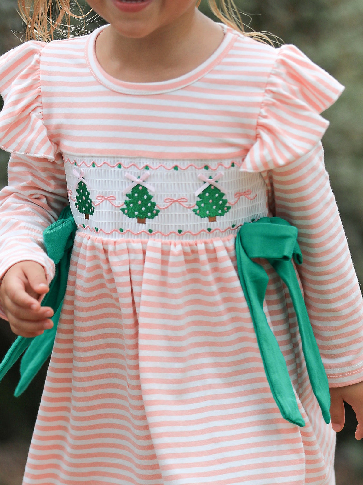 Rylee Faith Designs - Christmas Tree Smocked Embroidery Stripe Baby Girls Dress - alternate view 2
