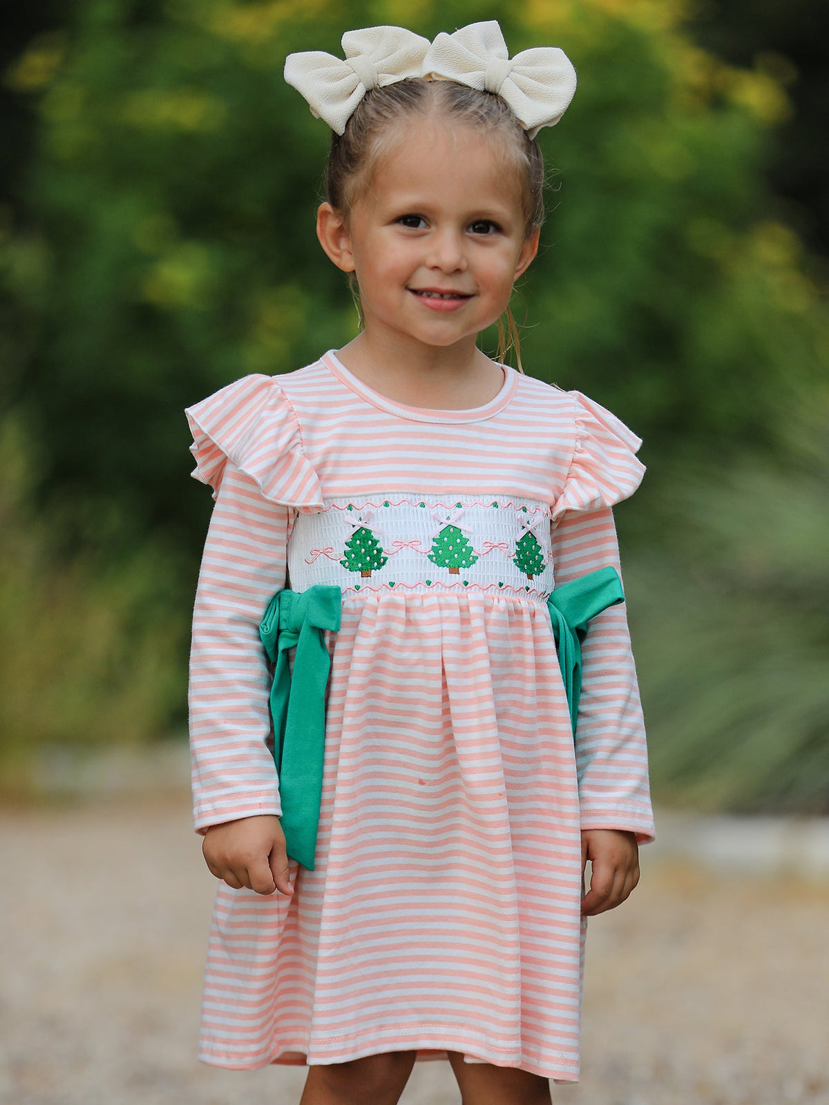 Rylee Faith Designs - Christmas Tree Smocked Embroidery Stripe Baby Girls Dress - alternate view 4