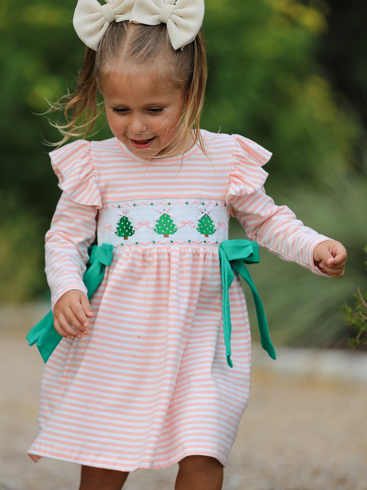 Rylee Faith Designs - Christmas Tree Smocked Embroidery Stripe Baby Girls Dress