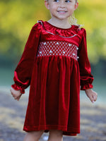 Rylee Faith Designs - Christmas Velvet Smocked Girls Dress with Pearl Detail