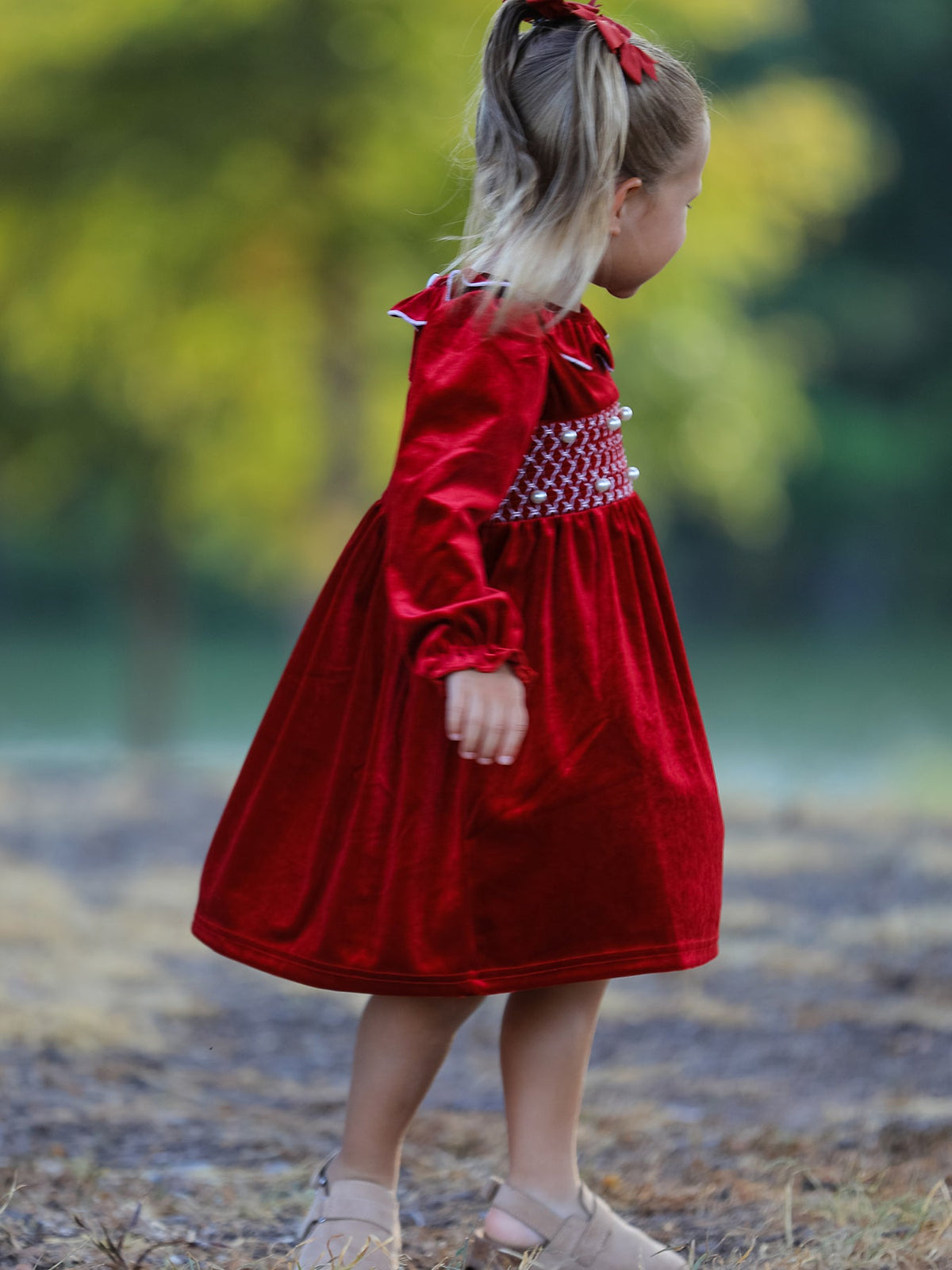 Rylee Faith Designs - Christmas Velvet Smocked Girls Dress with Pearl Detail - alternate view 2