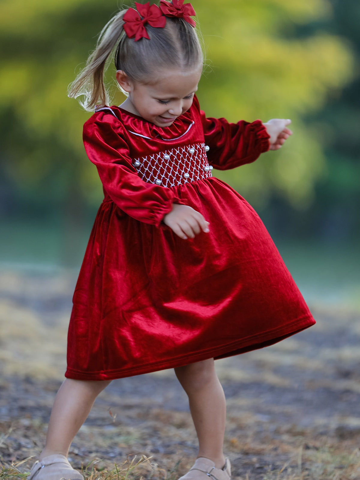 Rylee Faith Designs - Christmas Velvet Smocked Girls Dress with Pearl Detail - alternate view 3