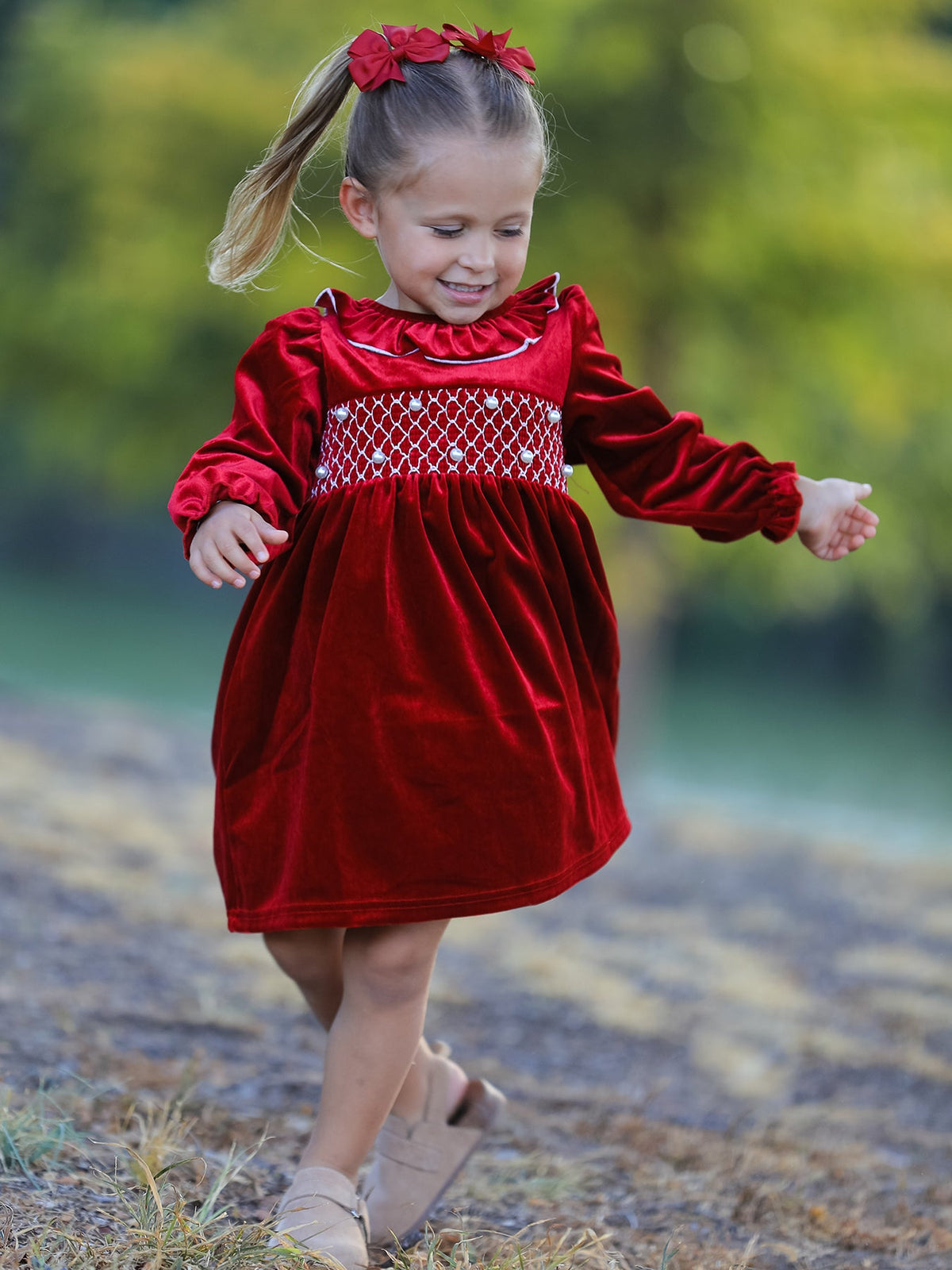 Rylee Faith Designs - Christmas Velvet Smocked Girls Dress with Pearl Detail - alternate view 4