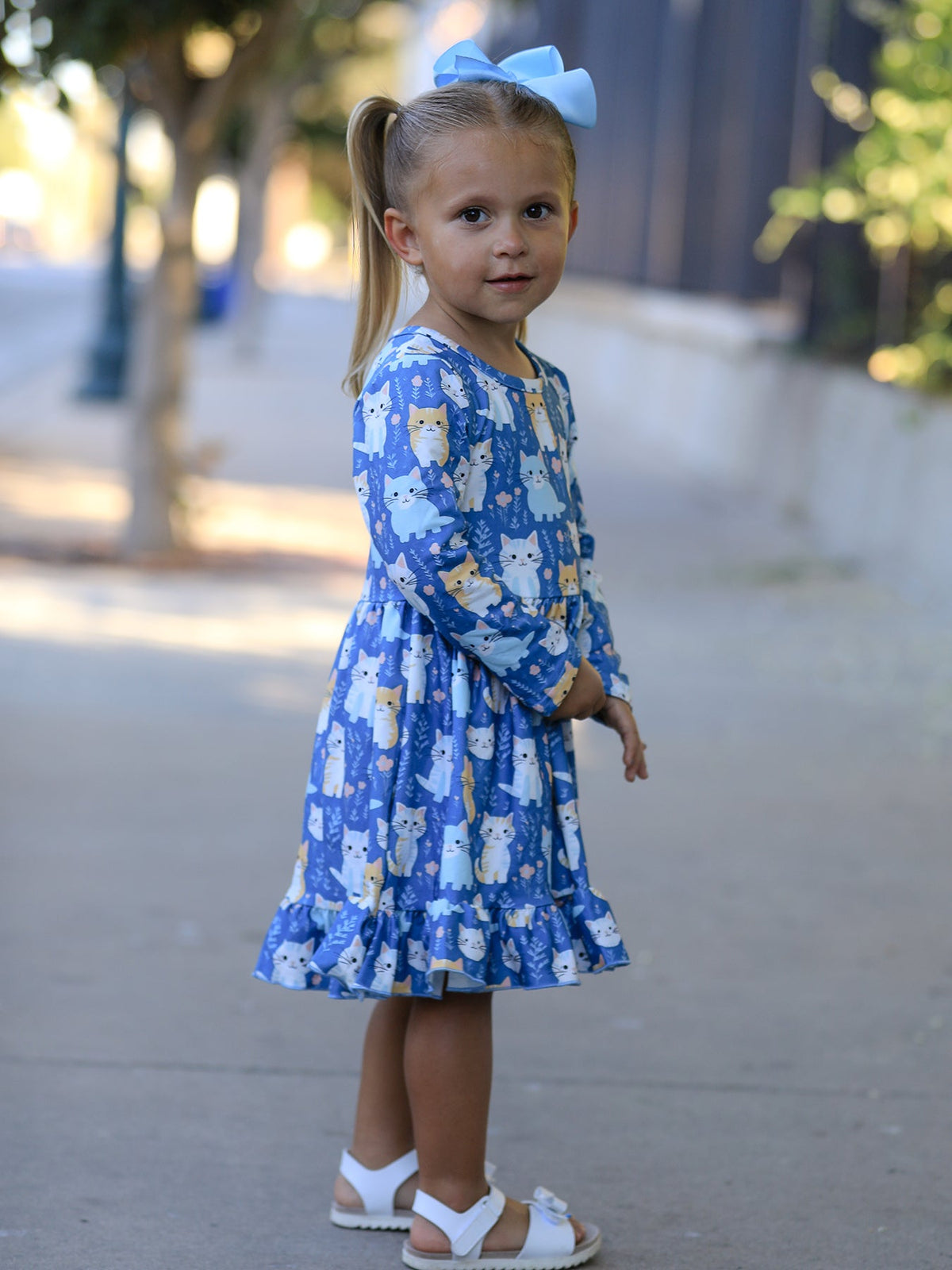 Rylee Faith Designs - Fall Cat Print Girls Long Sleeve Ruffle Hem Dress - alternate view 5