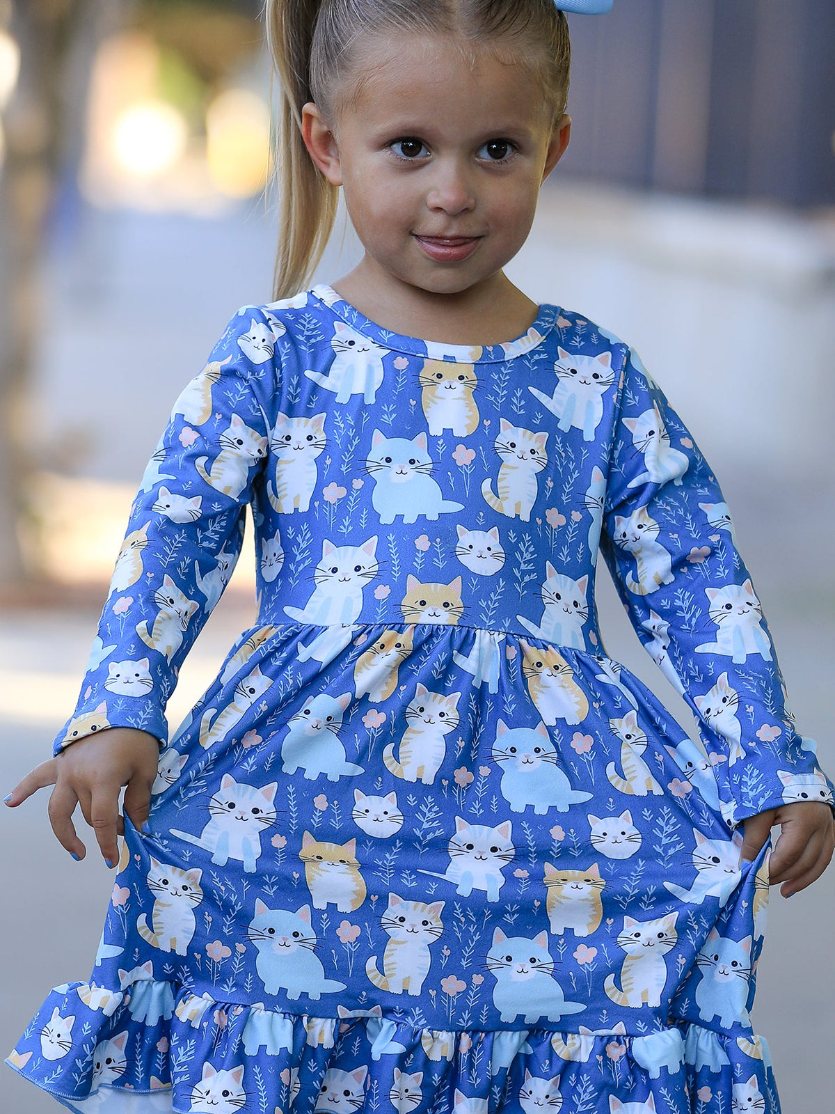 Rylee Faith Designs - Fall Cat Print Girls Long Sleeve Ruffle Hem Dress - alternate view 3