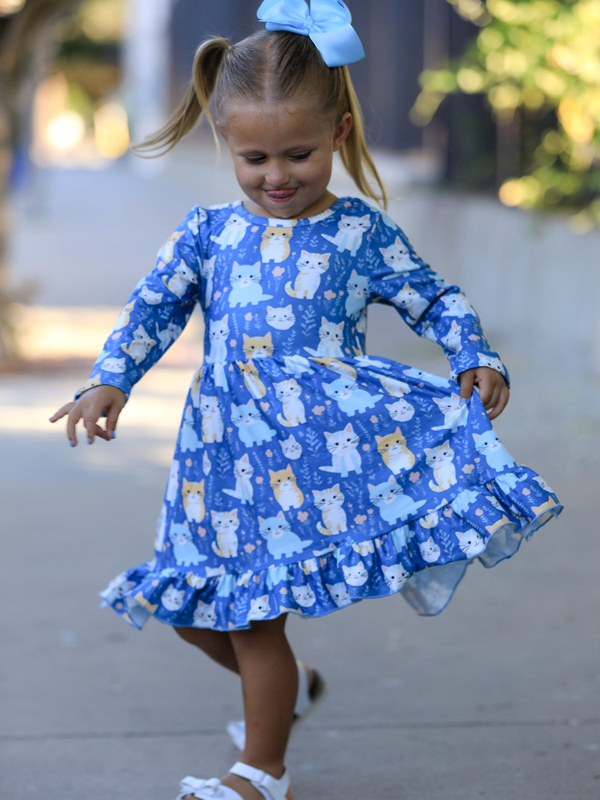 Rylee Faith Designs - Fall Cat Print Girls Long Sleeve Ruffle Hem Dress