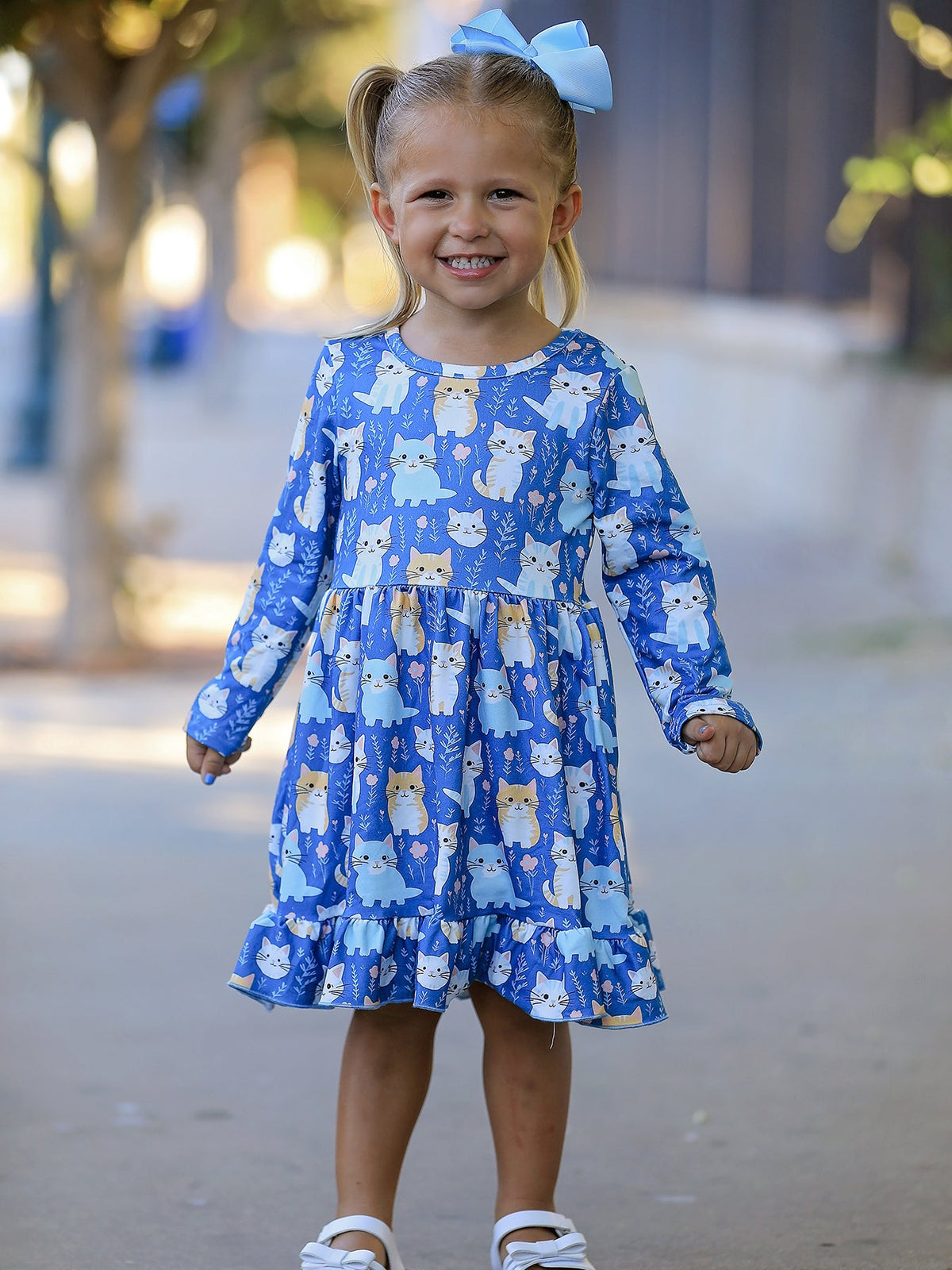 Rylee Faith Designs - Fall Cat Print Girls Long Sleeve Ruffle Hem Dress - alternate view 4