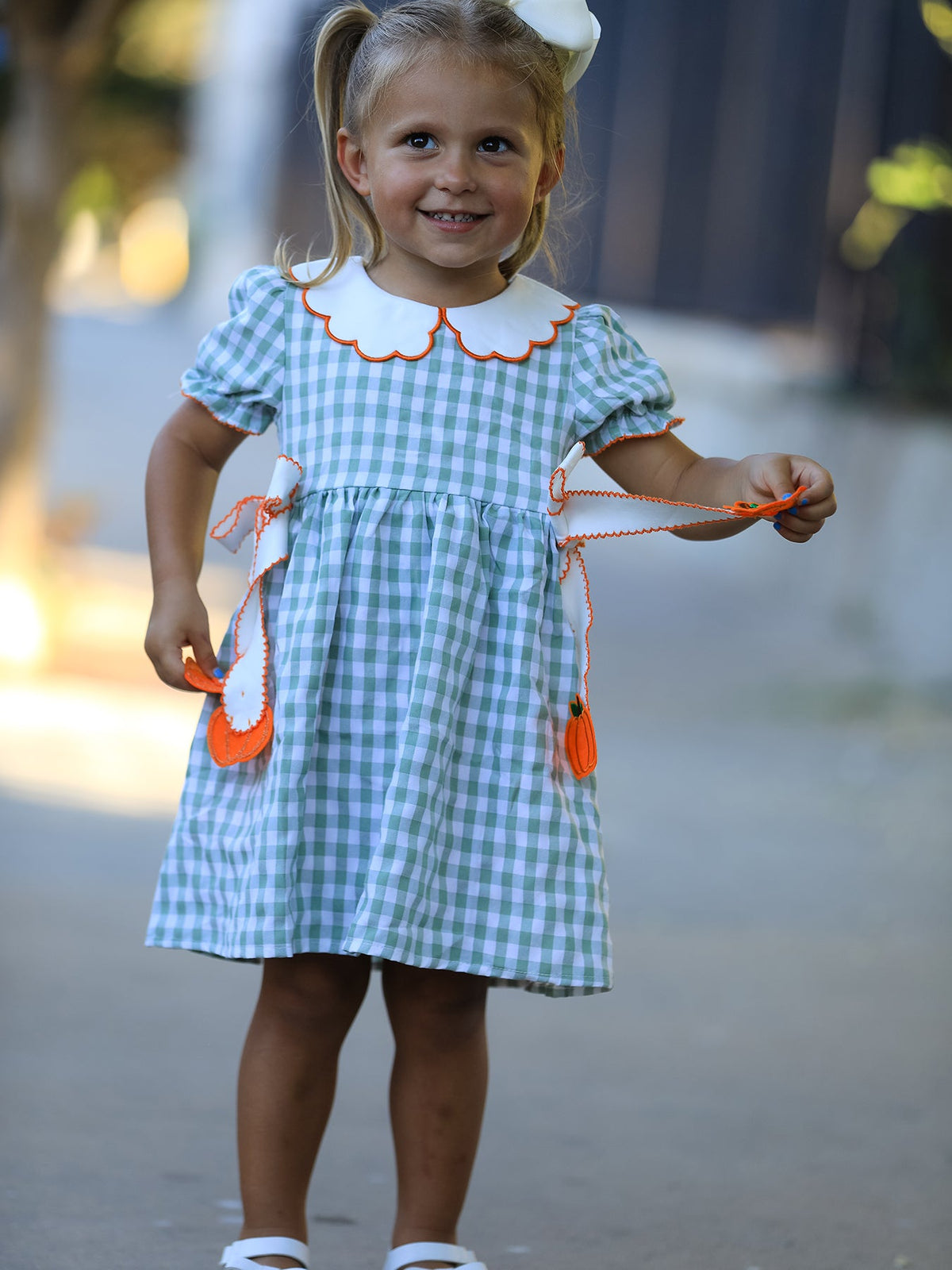 Rylee Faith Designs - Fall Plaid Girls Dress Pumpkin Bow Smocked Peter Pan Collar - alternate view 3
