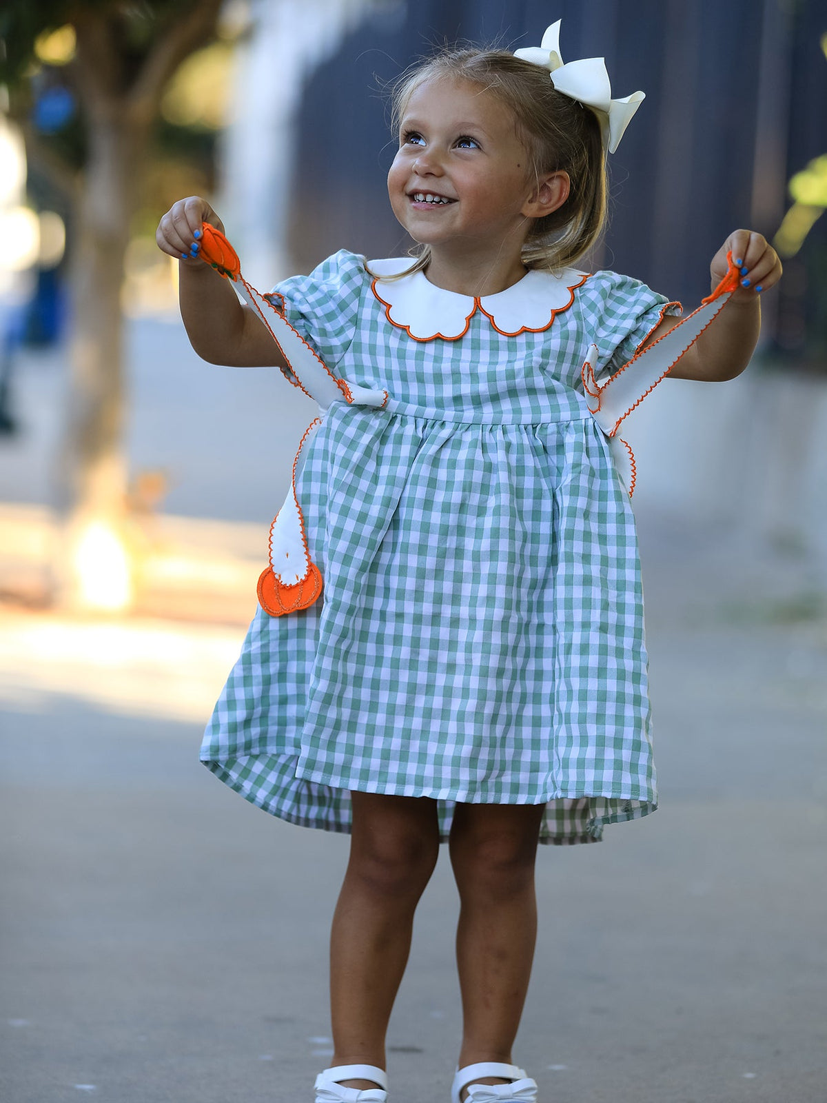 Rylee Faith Designs - Fall Plaid Girls Dress Pumpkin Bow Smocked Peter Pan Collar - alternate view 2